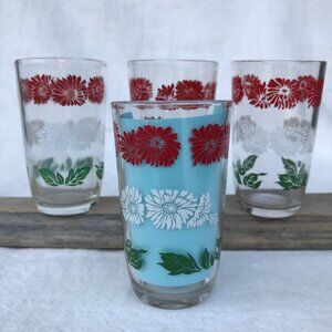 50's Swanky Swigs red, white & green Bachelor Button Juice glasses - Set of 4